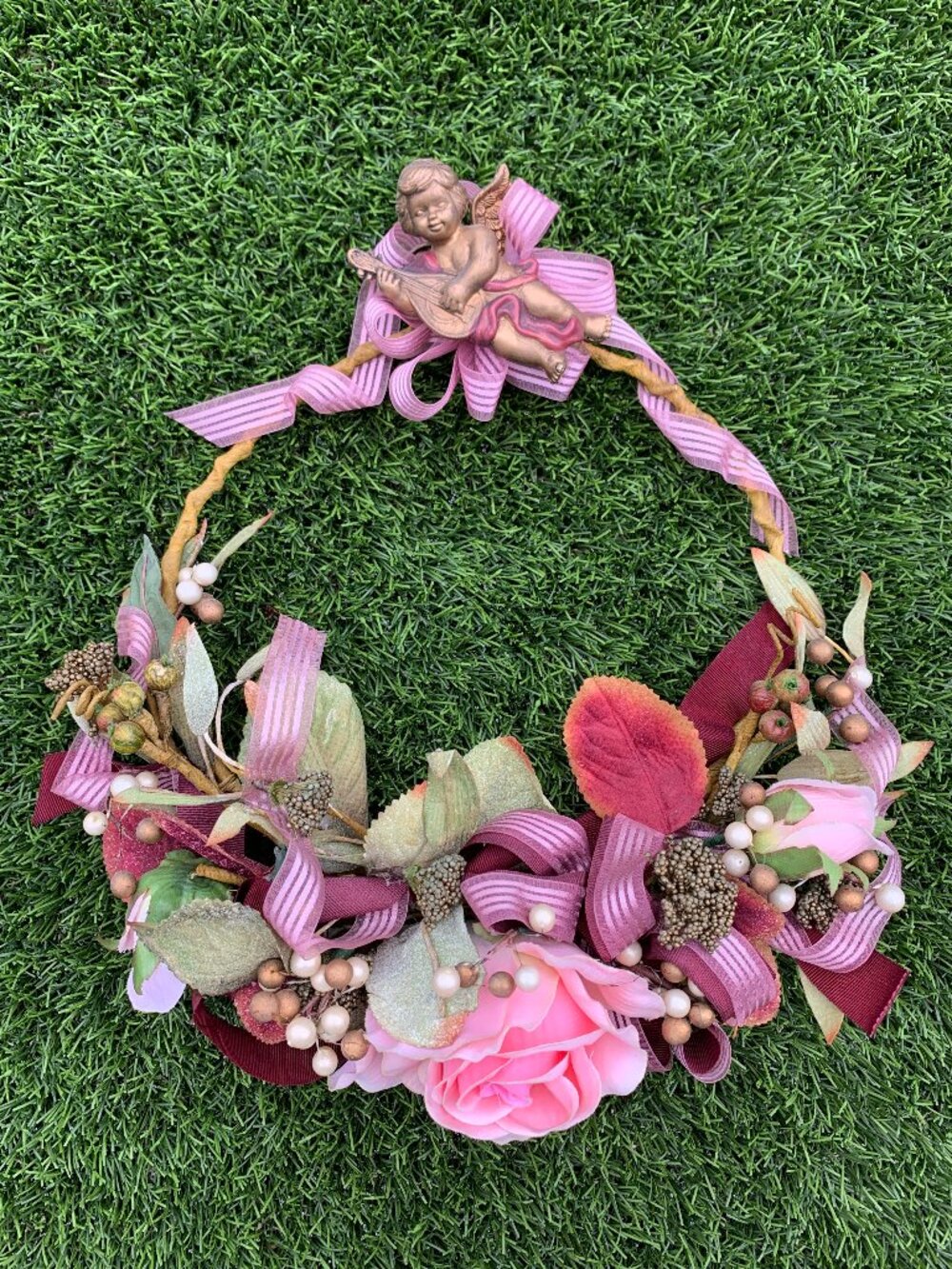 Wall Decor - Angel Wreath with Pink and Burgundy Silk Flowers 11"